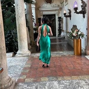 Meshki Emerald Green Backless Satin Halter Dress
